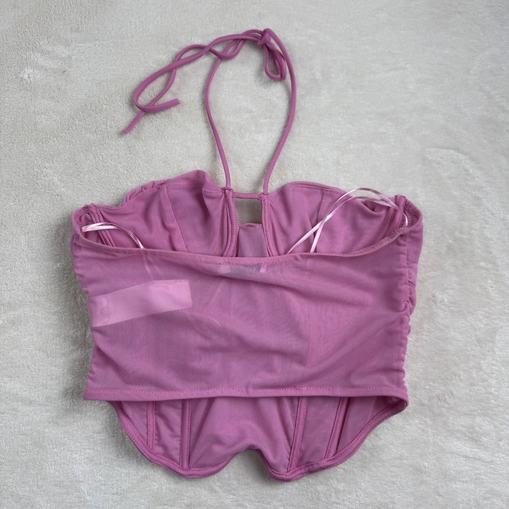 Zara Pink Mesh Ruched Corset Halter Top‎ Women Medium Boning Cropped Bustier